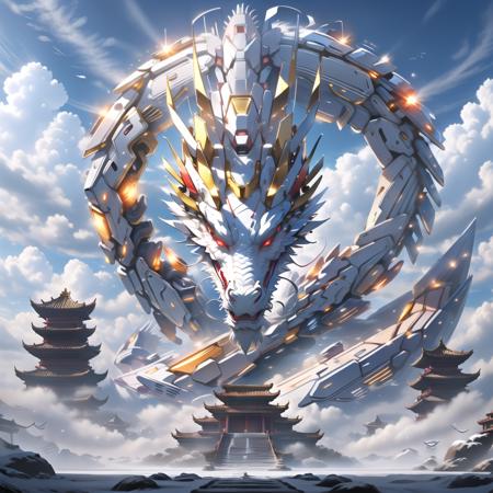 <lora:mecha_loong_v2:0.6>,a mecha dragon,
8k, High quality, high quality, morning sunshine, glowing body, mechanical joint, orange led light, high detailed mecha, high-precision mecha, mecha, exoskeleton mechanical armor, mecha dragon, a dragon is flying through the air with clouds in the background and a building in the foreground with a sky background, red eyes, outdoors, horns, sky, growing joint, day, cloud, blue sky, no humans, glowing, cloudy sky, scenery, dragon, architecture, east asian architecture, eastern dragon, pagoda, building, flying, jet device, high detailed, white mecha, HD, black joint