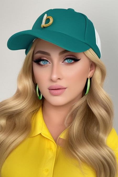 masterpiece, best quality, 1girl, aqua eyes, baseball cap, blonde hair, closed mouth, earrings, green background, hat, hoop earrings, jewelry, looking at viewer, shirt, short hair, simple background, solo, upper body, yellow shirt