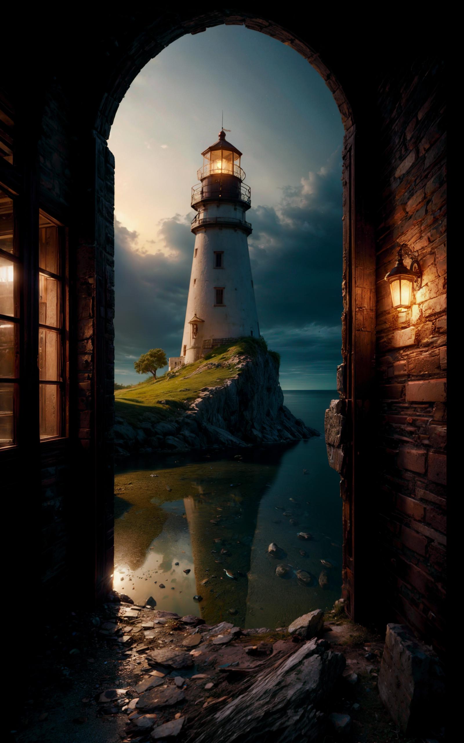 A Lighthouse on a Rocky Hillside with a Dark Sky and Reflection in the Water.