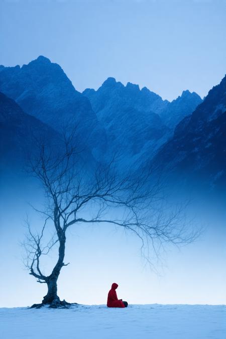 A lone figure sits cross-legged beneath a gnarled tree in a snow-drenched valley, silhouetted against jagged indigo mountains. Stark minimalism guides the composition: the figure anchors the foreground, while icy peaks recede into soft gradients of twilight. Styled after Zao Wou-Ki’s abstract landscapes blended with Marlene Dumas’ emotive strokes, the scene contrasts a crimson robe against bone-white snow and slate-blue shadows. Diffused cobalt light bathes the terrain, textures alternating between glass-smooth gradients and bark’s rough grit. Mood teeters between serenity and tension—crisp air hums with stillness, the tree’s roots clawing earth like veins, symbolizing fragile harmony between human resolve and winter’s indifference.