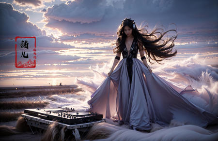 (best quality), (real), (masterpiece),(single focus), (sing), (Light and dark contrast, high contrast, high saturation:1.2)
A young girl DJ spinning tracks, fashion photography, in style of angura kei, hime - cut, straight hairthe environment transitioning from calm skies to turbulent storms, purple color, Tilt-Shift, Christian Lacroix, Tim Walker, Chema Madoz,
DJ1girl, solo, instrument, headphones,
jewelry, bracelet , long hair , keyboard (instrument) , (full body:1.1), lips, <lora:~Q?-mj DJ:0.8>