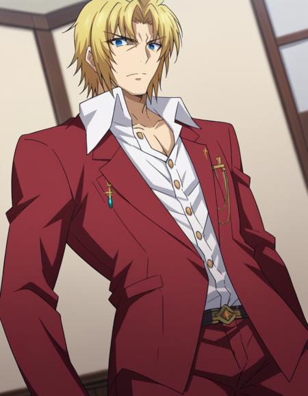 riser phenex, blonde hair, closed eyes, male focus, blue eyes, parted bangs, shirt, white shirt, collar shirt, high collar, blazer, red blazer, pants, red pants,