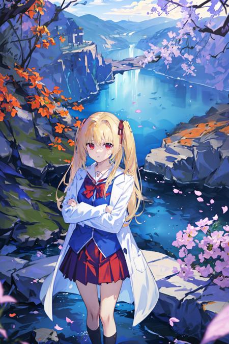 1girl, landscape, panorama, overlook,(high contrast:0.8),(distant view),blurry foreground,wind,
shinku \( Iro toridori no sekai\) , blonde hair, red eyes, twintails, long hair, hair ribbon, red pleated skirt, open lab coat, blue shirt, school uniform,  facing viewer, crossed arms
halloween, isometric, shooting star, petals, stream
masterpiece,highres,extremely detailed CG unity 8k wallpaper, best quality, ultra-detailed,
<lora:shinku_v3.0:1:CHARACTER>,  <lora:animeScreenshotLikeStyleMixLora_v10:1:BACKGROUND>