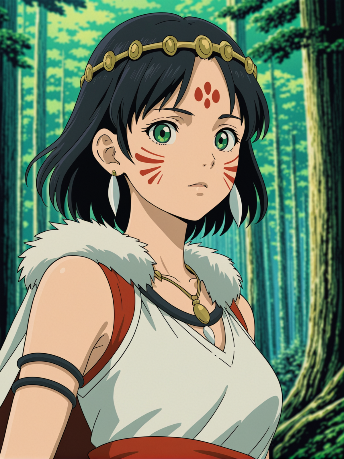 Anime character wearing a white dress and red paint on her face.