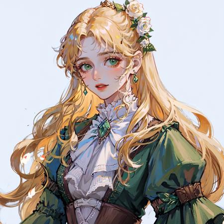 masterpiece, best quality, ultra-detailed,best shadow,1girl,solo,((portrait)),long hair,blond hair, green dress,white gloves,white jabot with green gemstone,white background, looking at viewer,<lora:Audrey-000010:1> ,blowing flowers <lora:ht1:0.5>