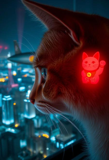 extreme close up a cat's beautiful eye reflecting the view outside the window the cat is looking out of,  the cat is looking out of over a futuristic Tokyo skyline at night from a very high level, the skyline is with futuristic skyscrapers and futuristic transports and airships in a variety shapes and sizes, the airships covered with lights and advertisements in Japanese,  reflecting in the cat's eye is a huge airship that has an advertisement with a maneki neko on the side,