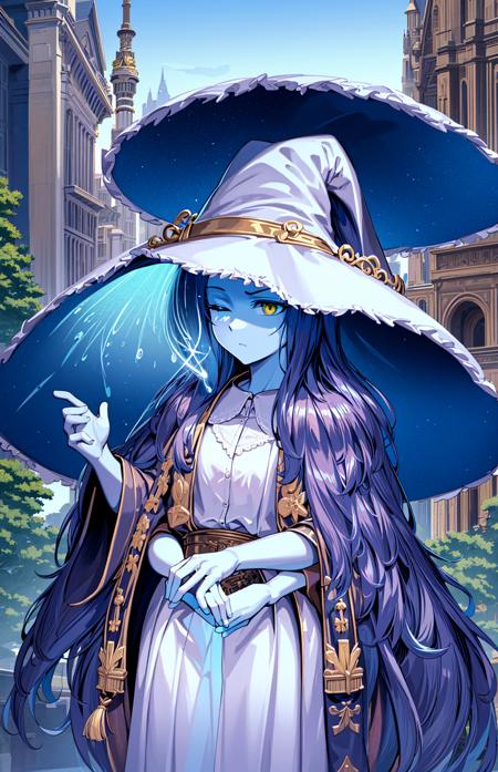 ranni the witch, one eye closed,  witch hat, dress, (extra arms:1.2), solo, ring, fur cloak, white dress, large hat, white headwear, blue lips <lora:ranni_v1-000008:0.8>masterpiece, best quality, ultra-detailed, city, street, gothic, steampunk, illustration, 1girl, (solo), platinum long hair, boots, from behind, vintage, antique, brass, metal, gears, machinery, ornate, elegant, classic, sophisticated, refined, poised, contemplative, thoughtful, curious, mysterious, enigmatic, magical, watchful, intelligent, bookish, contrast, perspective, depth, texture, detail, realism, impressionistic, expressionistic, abstract, surrealistic, innovative, experimental, unique, atmosphere, ambiance, mood, nostalgia, historical, cultural, technological, industrial, fantasy, imagination, creativity, artistry, craftsmanship, skill, precision, detail, composition, balance, harmony, rhythm, colorful, darker, reflection, refraction, foreground, middle ground, background, vanishing point, horizon line, focal point, naturalistic, figurative, representational,