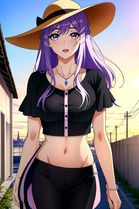 <lora:last:1> Xia Zitong, 1girl, long hair, hat, solo, blush, purple eyes, jewelry, purple hair, necklace, hair ornament, open mouth, dress, looking at viewer, outdoors, sun hat, pink hair, Beautiful Detailed Eyes, ((Standing, leaning over)), (((crop top dress, Black Leggings, Boots,))) upper body, hallway, perfect lighting, ((shining face, shining body)), seductive look, perfect face, make up, eye shadow, gloss lips ((mature_woman)), ((adult woman)), ((gorgeous)), (iluminated face),(perfect quality), Extremely beautiful, perfect, hour glass body, (masterpiece:1.2), (best quality:1.2), cinematic, perfect skin, perfect lighting, textured skin, detail, beauty, wonder, sharp focus, ultra-detailed, illustration, perfect face, ((gorgeous)), Extremely beautiful, perfect, detailed background, alluring, standing, (detailed background, intricate background:1.1), beautiful, ((Extremely Detailed)), ((Best Quality)), ((Masterpiece)), ((4k))