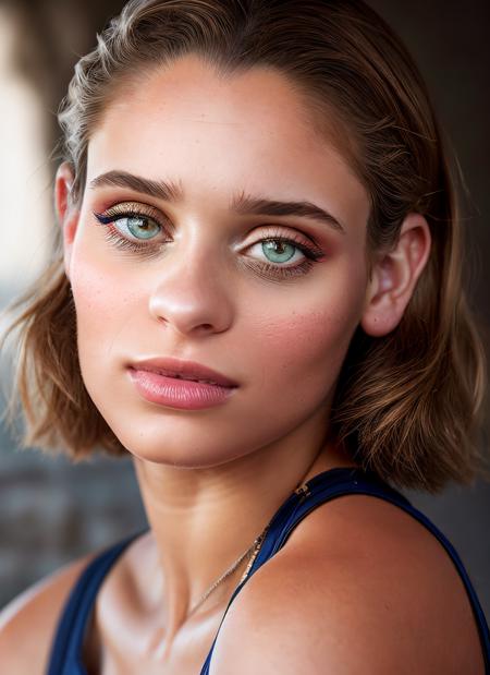 portrait of skswoman, bashful , wearing luxury clothing , with Bob , background roman city , epic (photo, studio lighting, hard light, sony a7, 50 mm, matte skin, pores, colors, hyperdetailed, hyperrealistic), <lyco:Daniel Melchior:1.2>