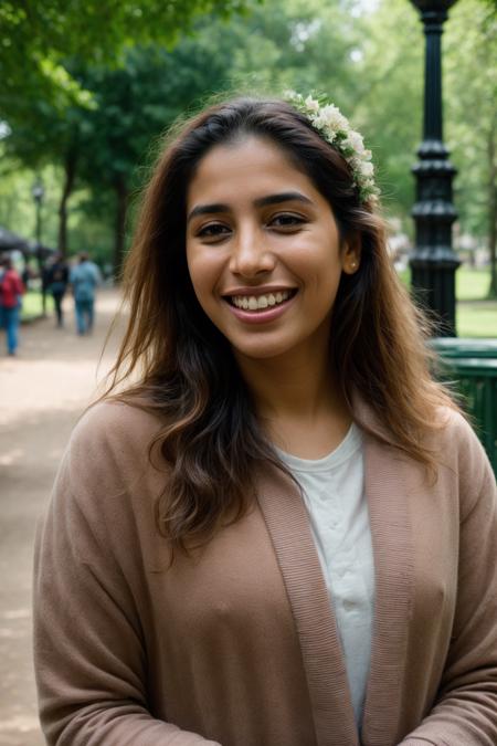 pakistani woman, flower hair, park, london, city, trees, grass, pathway, bench, people, railing, lampost <lora:flower_hair:0.7>, knowing smile, teeth, celebration, center of attention, masterpiece, best quality, absurdres, highres, 4k, intricate details, highly detailed, <lora:add_detail:0.5>
 <lora:bralessSD15_v1_00094:1> braless, RAW photo, 8k uhd, dslr, soft lighting, high quality, film grain, Fujifilm XT3
