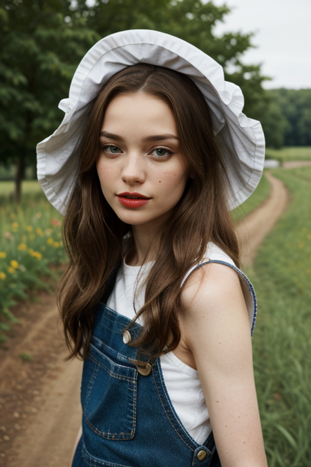 KarolinaGorzala, (oiled shiny skin, tilted angle shot, 8k uhd, best quality, masterpiece, sharp focus, farm backdrop:1.2), (pale skin:1.4), (long loose hair:1.6), freckles:0.9, (wide open eyes, lips parted, blue eyes, sparkling eyes, innocent, surprised:1.2), 1890s, Amish, overalls, bonnet, (cat eyes:1.2), red lips, facing viewer, looking at viewer, holding pitchfork