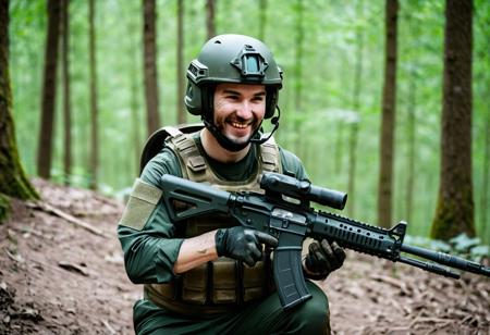 score_9, score_8_up, score_7_up, score_6_up, A young man in a Follout-style combat green jumpsuit with metal protective pads on his shins, hips, forearms and shoulders in a light Kevlar bulletproof vest, tactical helmet and with a halil-type assault rifle in his hands. Scratch on the right cheek, smeared with mud, happy expression. pale skin, military camp in the forest background,  aesthetic, wrist tattoo, smiling