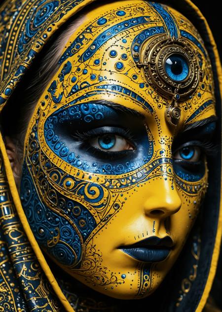 A close-up of a face adorned with intricate black and blue patterns. The left side of the face is predominantly yellow, with symbols and doodles, while the right side is dark, featuring mechanical elements. The eye on the left is a striking shade of yellow, contrasting sharply with the surrounding patterns. The face is partially covered by a hooded garment,
 <lora:aidmaImageUpgraderSDXL-v0.3:1> aidmaImageUpgrader, DV_Antonia_ViciousDV_Antonia_Vicious