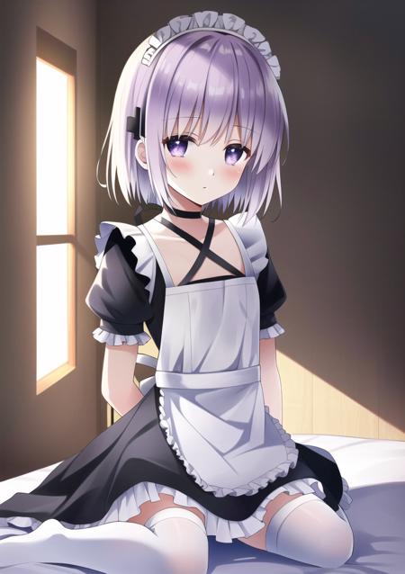 ((masterpiece)),(((best quality))), ((ultra-detailed)), ((illustration)), masterpiece, best quality, highres, {beautiful detailed eyes}, finely detail, 4k wallpaper, beautiful detailed eyes, perfect lighting
(kagari_chan:1.1), (white hair, short hair:1.0), (maid:1.2), (ribbon, maid apron, hair ornament, black thighhighs:1.1), (very long red ribbon floating in the air:1.0), flat chest, purple eyes, no shoe, (wariza on bed in a bedroom:1.1),(shy, blush:1.1), (ribbon, wrist ribbon:1.0), (hair ornament:1.0), sunshine through windows, wariza
<lora:kagari_chan-16:0.5>