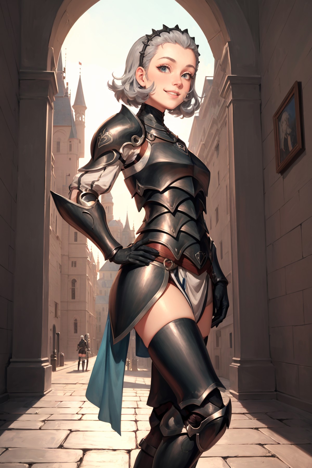 masterpiece, best quality, feSophie, hairband, armor, black gloves, thighhighs, white pelvic curtain, armored boots, looki...