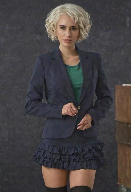 1girl, solo, (Masterpiece, hyperrealism) teacher, realistic skin, (looking at camera, classroom, formal attire, standing pose, wearing buttoned blouse:1.2, wearing dark blue blazer:1.2, wearing frilly skirt above the knee, wearing black stockings, young figure), fit body, ((curled hair, short hair, green hair)), highly detailed background, ultra high resolution, 4k uhd