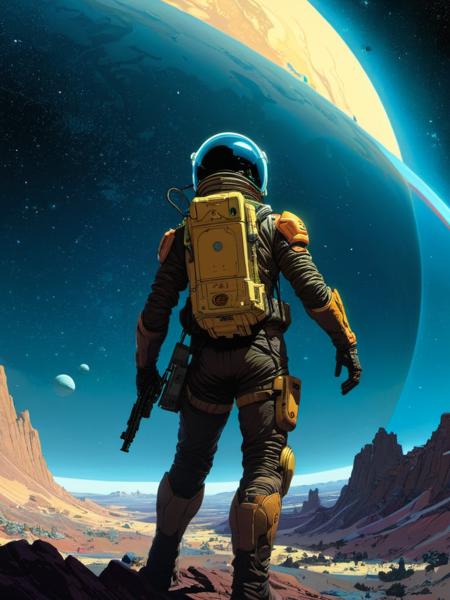 Lost in the greatness of space, vast ethereal ambience, a beautiful soul looks on as time past, destiny awakens, cinematic, powerful emotion<lora:xl_more_art-full_v1:0.75> <lora:!action-sdxl-V0.5:1> in a zdyna_pose, dutch angle, from below, low camera angle actions scene, foreshortening,