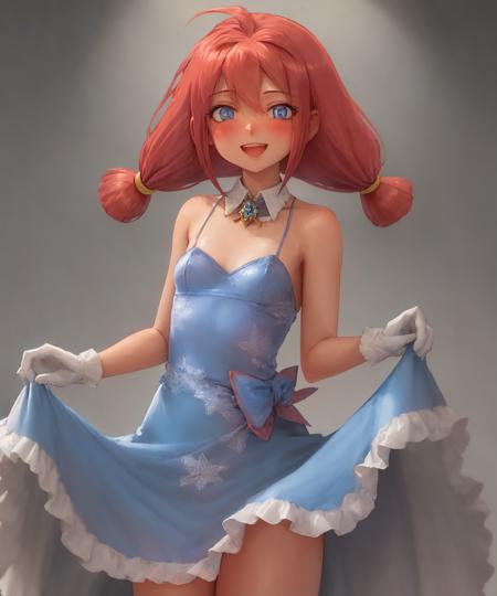 (us:1.1), 1girl, solo, dress, gloves, blue eyes, blue dress, smile, open mouth, white gloves, breasts, long hair, looking at viewer, twintails, small breasts, red hair, bare shoulders, blush, :d, low twintails, cowboy shot, clothes lift, frills, skirt hold, bangs, teeth, frilled dress, lifted by self, upper teeth only, standing, hair between eyes, grey background