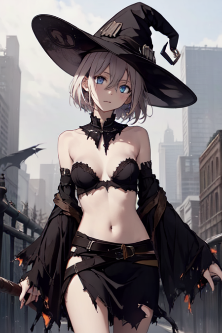 WitchFateEOD, 1girl, solo, short hair, blue eyes, hat, dress, hair between eyes, bare shoulders, medium breasts, detached sleeves, belt, wide sleeves, torn clothes, black headwear, witch hat, detached collar, 