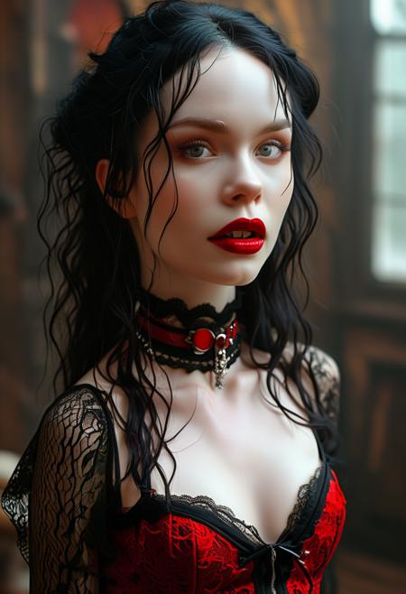 (masterpiece, high resolution, photo-realistic:1.2), breathtaking vampire woman, (ethereal pale skin:1.4), (raven black hair:1.2), (crimson red lips:1.1), (fierce dark eyes:1.1), (sexy black lingerie:1.3), (sensual lace details:1.1), (sharp fangs:1.2), (graceful neck:1.1), (elaborate black choker:1.2), (elegant black gloves:1.1), (long and slender fingers:1.2), (sexy high heels:1.1), (alluring gaze:1.1), (come-hither expression:1.2), (dark and moody atmosphere:1.1), (shadowy lighting:1.2), (dramatic red eyeshadow:1.1), (dark red lipstick:1.1), (close-up shot:1.1), (looking directly at camera:1.2), (slightly parted lips:1.1), (hint of fangs:1.2)