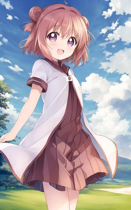 ((masterpiece)),(((bestquality))),((ultra-detailed)),((illustration)), ((disheveledhair)), {extremely detailed},  (akari feature),  <lora:akari_bp:0.8>,  outdoors, blue sky, detailed background, cloud, smilling, flush