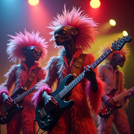 bizarre alien creatures covered in multi-colored feathers performing on stage as a rock band in a alien night-club, photo