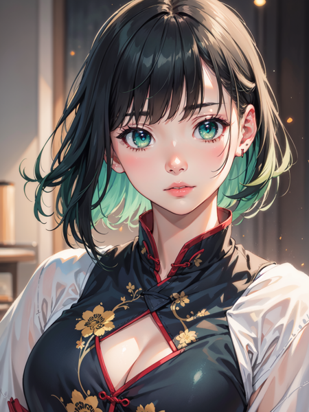 ((photorealistic:1.4)), finely detail, full-body shot, detailed full body features, ((1 girl)), ((solo)), ((extremely detailed face)), chinese girl, ((short straight hair)), ((black hair, bangs)), ((green hair)), perfect lighting, masterpiece, best quality, ultra-detailed, kawaii, chest, long hanfu, light, color, texture, detail, beauty, wonder,  colorful, shuimobysim