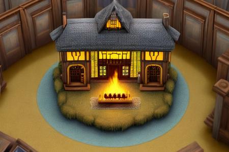 a photo of the weird Isometric_Dreams, a computer generated image of a house with a library and a bed in the center of the house, and a fireplace in the middle, duskametric15