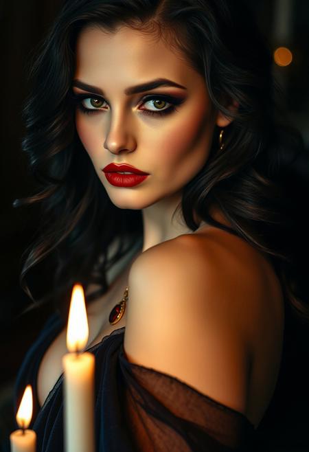 A ravishing, 40-year-old Caucasian woman, her alabaster skin illuminated by the soft glow of candlelight. Her long, raven-black hair, styled in cascading waves, frames a face adorned with a dramatic, smoky eye and a deep, blood-red lip. Her eyes, dark and mysterious, hold a knowing glint as they sweep across the room, exuding an air of timeless allure. A single, crimson tear, a touch of gothic glamour, trails down her cheek. She's draped in a sheer, flowing gown of midnight velvet, its deep hue accentuating her pale skin and hinting at the secrets beneath. Her posture is languid, inviting, with a subtle curve of her spine and a tilt of her head. Her lips, slightly parted, hint at secrets and forbidden pleasures. A delicate gold necklace, adorned with a blood-red stone, catches the light, drawing attention to the graceful curve of her neck.