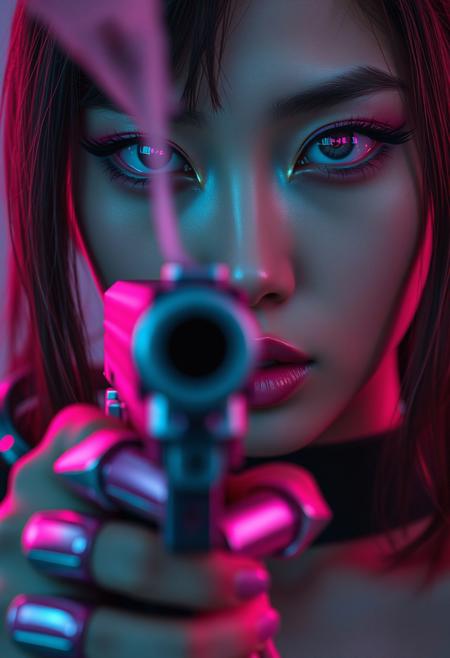 Ultra close-up of a beautiful Japanese cyberpunk assassin, face filling the frame. She has shimmering pink eye makeup and glowing cybernetic pink eyes with detailed circuitry. Her expression is cold and focused.
In the foreground, she is holding a silver futuristic pistol aimed at the viewer, barrel centered but slightly out of focus.
A faint trail of smoke rises from the barrel, drifting across her face. Her lips are parted slightly. The lighting is soft but cinematic — moody pink and blue highlights reflecting off the metal of the gun and her pink chrome cybernetic fingers.
The image is intense, personal, and intimate — the moment just after a kill.”