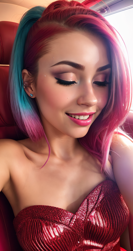 photorealistic, ultra realistic, glowing cyan hair, closed eyes,
([Mila Kunis|Emily Blunt|Ariana Grande]:0.85), 21 year old woman, sparkling starburst green eyes, 
red theme,
eyeshadow, mascara, plush lips, pink lipstick, smile, 
straight white teeth, realistic skin texture, skin pores, shiny skin, selfie, red dress,
photo shoot, red background,
alluring, attractive,
amazing photograph, masterpiece, best quality,