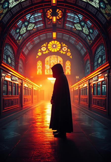 A lone cloaked figure standing in an Art Nouveau train station, illuminated by glowing stained glass, blending cinematic moodiness with elaborate craftsmanship.
 hyper-realistic contemporary portrait with glowing cosmic surrealism, bold minimalist composition with psychedelic light effects, fashion-forward figure radiating celestial energy, smooth airbrushed blending with crisp realism, ethereal dreamlike aura, visionary futuristic elegance