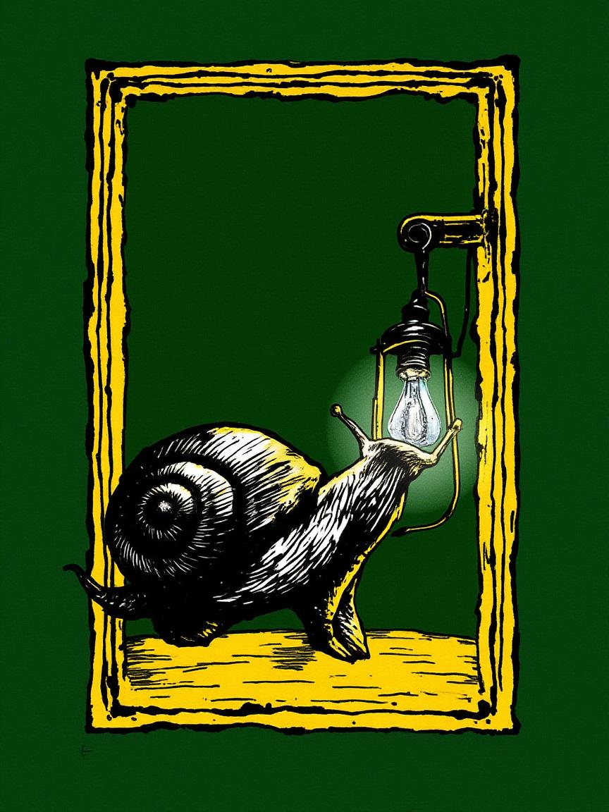 1nk3dgl0w An illustrated image of a snail holding a glowing lantern. background is dark green, frame is yellow with thin black border, <lora:inkedgemono-simple_epoch-08:1.0>