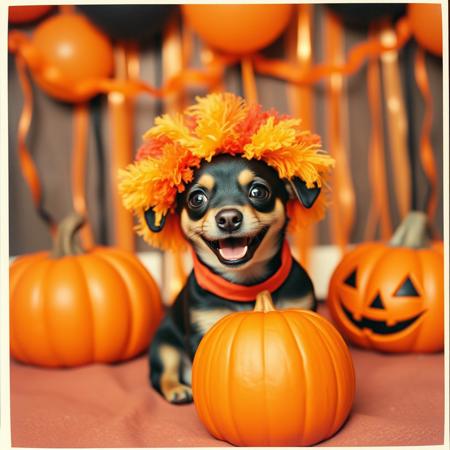A cute Polaroid photograph capturing a baby miniature pinscher at a colorful halloween party. The miniature pinscher is sitting in front of a pumpkin, wearing a clown wig with bright colors and a clown nose. Orange and black Balloons and streamers decorate the background, with a festive atmosphere. The dog’s expression is joyful, its mouth open in delight as if it’s excited about the celebration. The Polaroid photo has a slightly faded, vintage look, with soft edges. The colors in the image are vibrant but slightly washed out, giving it a nostalgic, heartwarming feel, as though it’s a cherished memory from a fun party.