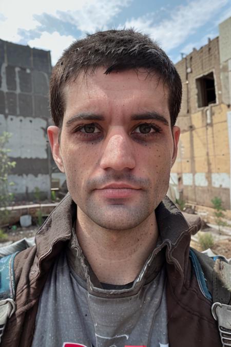 RAW photo, a close up portrait photo of skinny_gameplayrj in wastelander clothes, background is city ruins, (high detailed skin:1.2), 8k uhd, dslr, soft lighting, high quality, film grain, Fujifilm XT3 <lora:GameplayRJ_v10:1>