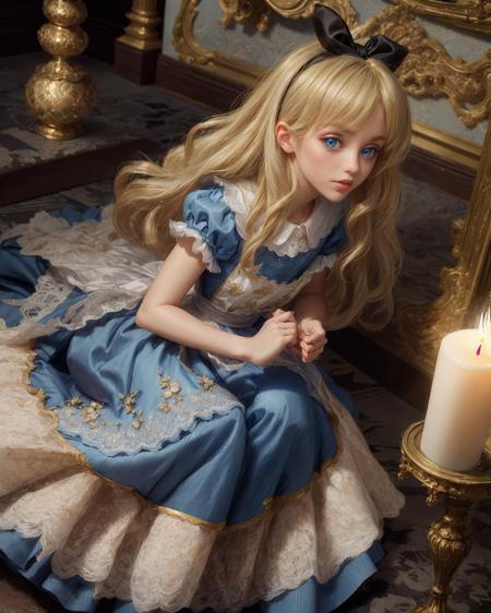 ((ultra detailed, masterpiece, best quality))
<lora:DisneyAlice:0.9>
DisneyAlice, 1girl, solo, long hair, blonde hair, blue eyes, headband, bow, By a grand staircase in an opulent mansion, elegant gown, soft candlelight, looking upward with a hint of mystery and sophistication, <lora:detail_slider_v4:2>, <lora:hairdetailer:1>