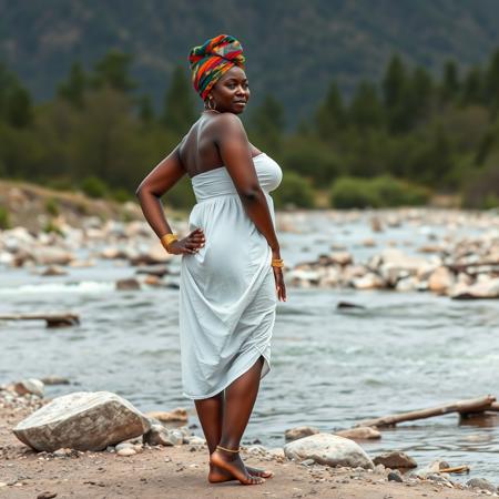 full body shot chubby wide hips African woman dark skin colorful head wrap white body con dress gold anklets barefoot by  a mountain stream