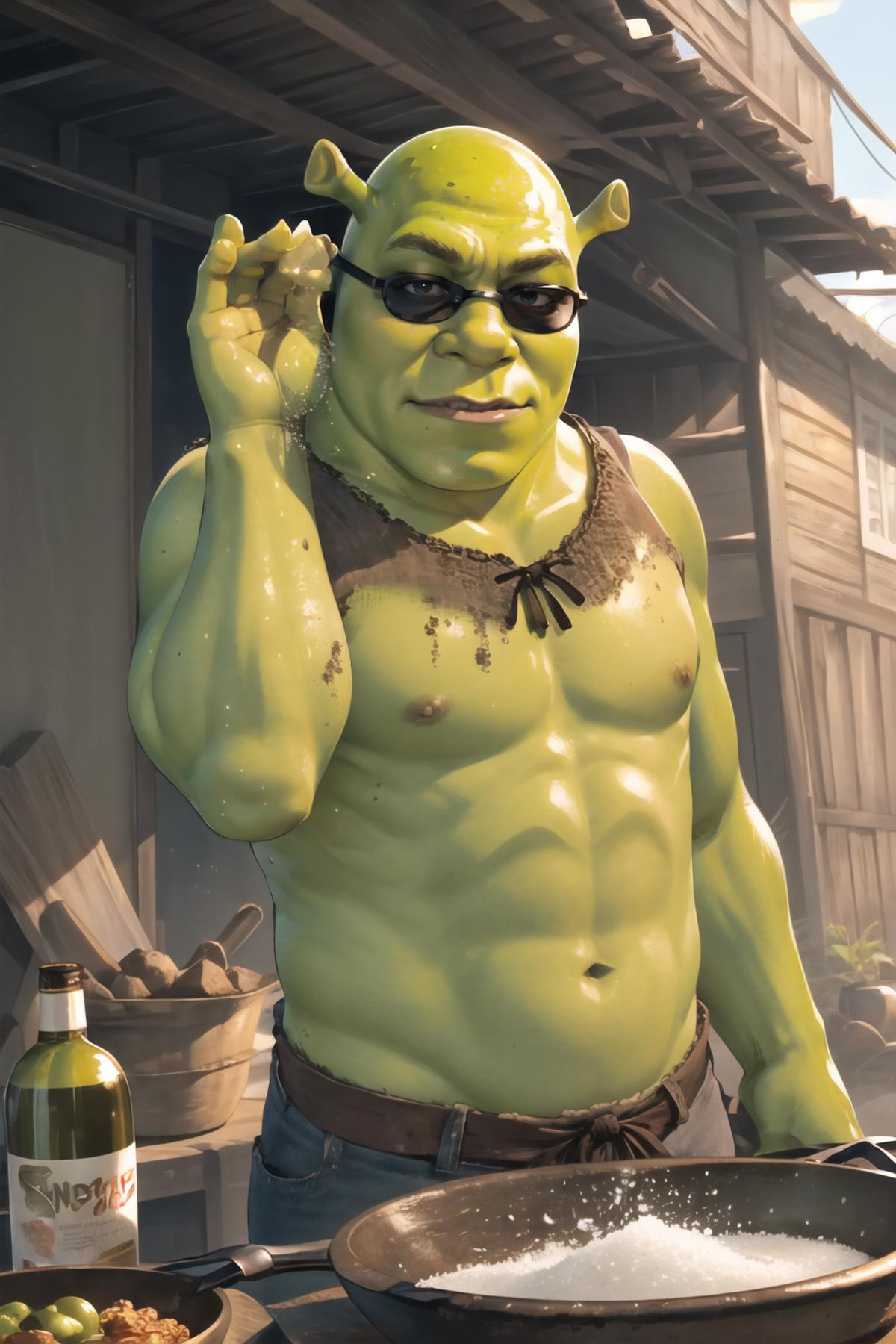 A cartoon or 3D model of a shirtless Shrek, wearing sunglasses and holding a cell phone.