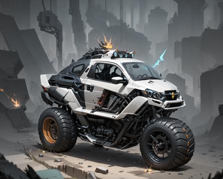 (masterpiece, best quality:1.1), ultra-detailed, (battlecar:1.1), vehicle focus, no humans, car, wheel, tire, debris, (motorcycle:1.05), sparks, electric, clean, crystal paintjob