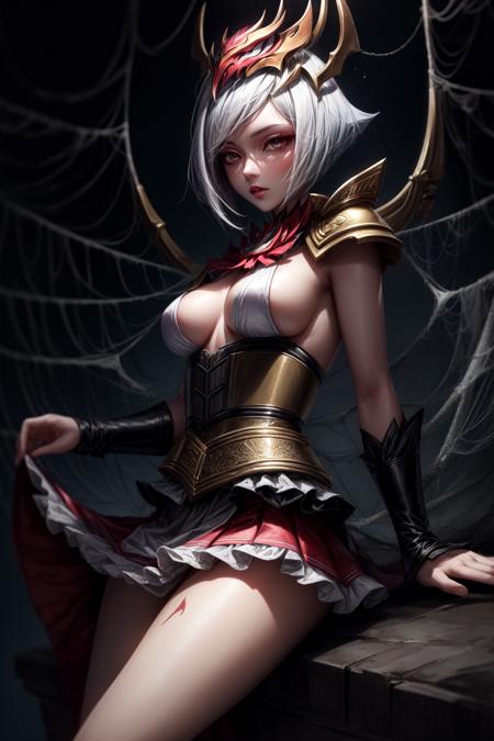 (Masterpiece:1.4), (best quality:1.2),  <lora:blood_moon_elise_lol-000011:1>, blood moon elise, 1girl, spider girl, short dress, corset, mask on head, short hair, white hair, blood splatter, blood, spider web, <lora:add_detail:1.2>