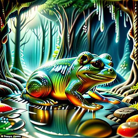 Frog made of slime. Capturing a slimy frog's essence, the Red V-Raptor XL X focuses on intricate details, mimicking hyper-realistic art. The slimy texture glistens under soft, diffused lighting, reminiscent of Caravaggio's chiaroscuro. The frog's skin shimmers like a Klimt painting, radiating an otherworldly allure. Each droplet of slime is a miniature universe, echoing Dali's surrealism. The backdrop, a dark, mysterious forest, adds an air of enchantment, akin to a scene from a Brothers Grimm tale. This shot encapsulates the amphibian's slimy charm, inviting viewers into a realm where reality and fantasy intertwine seamlessly.