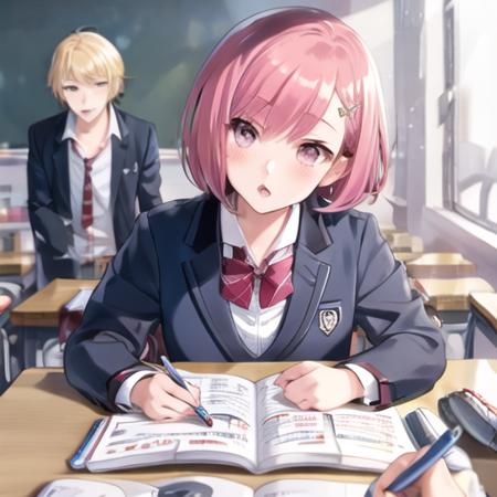 <lora:PovStudy:0.7> PovStudy, 1girl, looking at viewer, blush, short hair, open mouth, bangs, blonde hair, shirt, hair ornament, long sleeves, bow, holding, brown eyes, sitting, school uniform, jacket, white shirt, pink hair, parted lips, multiple boys, necktie, solo focus, hairclip, collared shirt, indoors, bowtie, pink eyes, red bow, book, window, swept bangs, chair, blazer, 3boys, blue jacket, red necktie, red bowtie, desk, pen, classroom, school desk, pencil, notebook, holding pen, eraser, holding pencil, mechanical pencil, pencil case