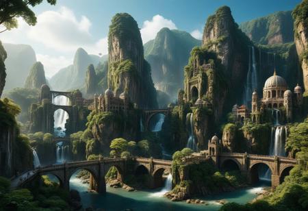 A grand, majestic fantasy city carved into a mountainside with intricate architectural designs. The city features multiple domed buildings, towering statues, and a large bridge connecting different parts of the city. The scene is set in a lush landscape with rocky cliffs and waterfalls, creating a sense of awe and wonder.