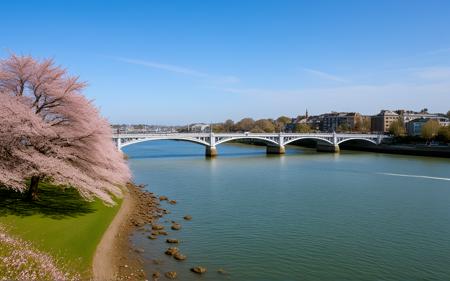 panorama,A picturesque spring morning at the Itchen Bridge, cherry blossoms in full bloom framing the view, the river flowing gently beneath, with historic buildings in the background, showcasing the beauty of Southamptonâs waterfront in a vibrant, fresh environment,, sweeping landscapes, unique perspectives, epic scale, revealing hidden beauty, showcasing vastness, immersive experience, precise compositions, expert piloting, dynamic angles, cinematic storytelling, showcasing natural wonders, aerial exploration