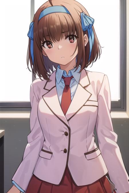 soratakanashi, <lora:sora takanashi s1-lora-nochekaiser:1>,
sora takanashi, short hair, brown hair, ribbon, (brown eyes:1.5), hair ribbon, ahoge, hairband, blue ribbon, blue hairband,
BREAK skirt, school uniform, jacket, necktie, blazer, (pink blazer:1.2), (red skirt:1.2),
BREAK indoors, classroom,
BREAK looking at viewer, (cowboy shot:1.5),
BREAK <lyco:GoodHands-beta2:1>, (masterpiece:1.2), best quality, high resolution, unity 8k wallpaper, (illustration:0.8), (beautiful detailed eyes:1.6), extremely detailed face, perfect lighting, extremely detailed CG, (perfect hands, perfect anatomy),