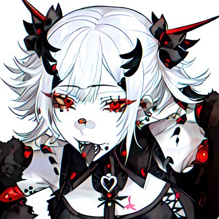 <lora:kuroumemodoki-style-09:1>,1girl, white hair, medium hair, earrings, tongue, baindaid, piercings, red eyes, hair ornament, tattoo