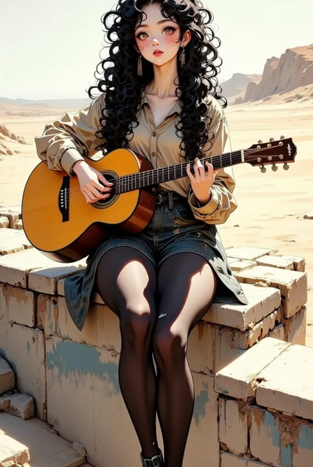 A cute girl with a guitar Curly hair Flux 1 D v1.0