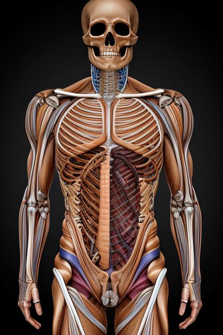 Human Anatomy Puzzle, hyperealistic lateral section of a layerd  human body made of  skeleton, muscle detached from skeleton, skin detached from muscle, glossy textures, anatomy, DISASSEMBLY DIAGRAM  <lora:yushuang:0.5>