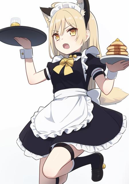 1girl, solo, animal ears, bow, blue bow, food, apron, blonde hair, maid, yellow eyes, long hair, short sleeves, dress, holding, bell, tail, looking at viewer, maid headdress, hair bow, ahoge, frills, puffy sleeves, black dress, socks, bangs, wrist cuffs, pancake, puffy short sleeves, open mouth, bowtie, maid apron, standing on one leg, tray, white apron, blue bowtie, white background, neck bell, frilled dress, holding tray, thigh strap, jingle bell, breasts, shoes, frilled apron, standing, fang, enmaided, kneehighs, fruit, hair between eyes<lora:xinzoruo-05:1>