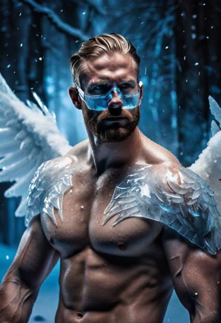 high quality, photo of 30 y.o muscular Scandinavian man, upper body, face mask of translucent ice, wings of translucent ice on his back, icy blue eyes, detailed face, shirtless, cinematic shot, dramatic lighting, blizzard, rising arms, summoning, magical